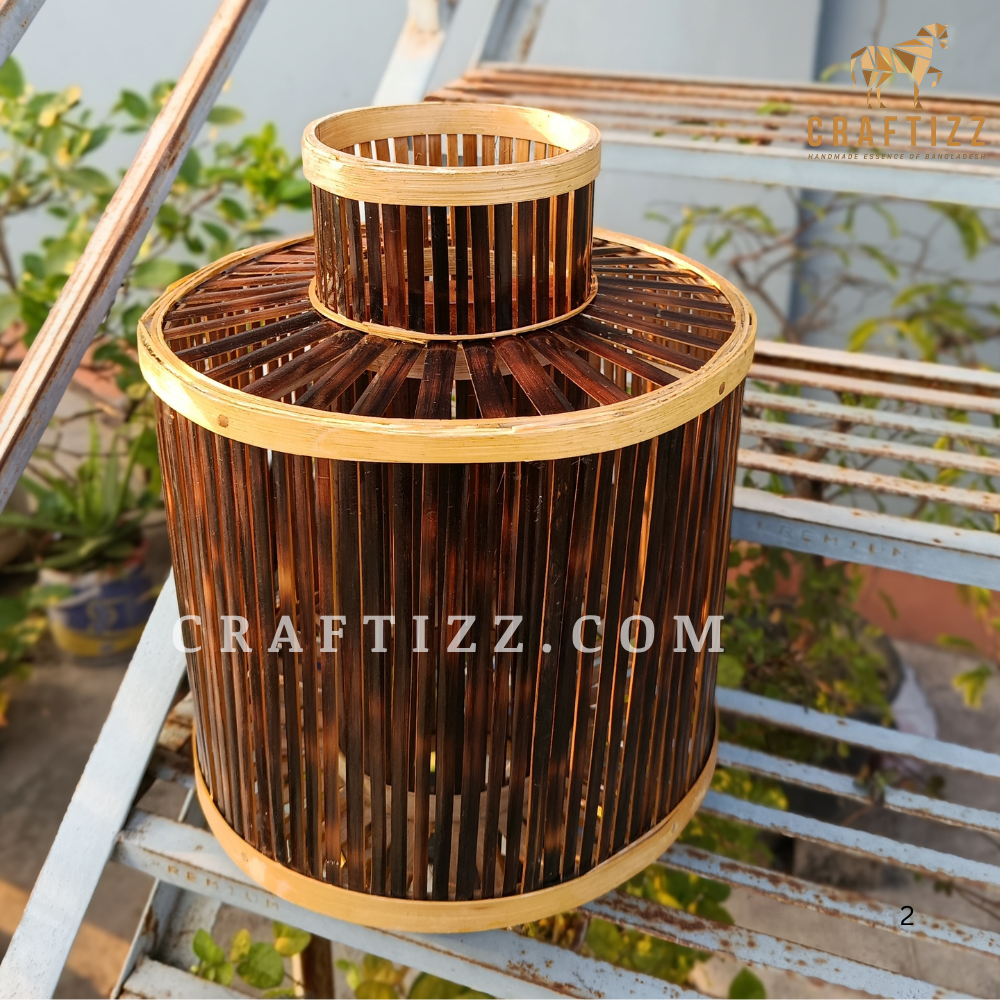 Black Double Layer Round Shape Ceiling Hanging Bamboo Lampshade - Image 2