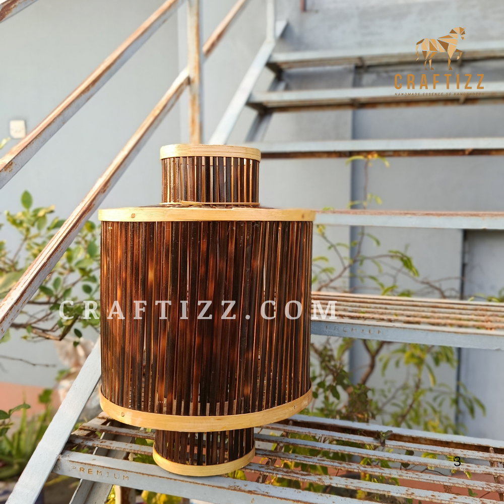 Black Double Layer Round Shape Ceiling Hanging Bamboo Lampshade - Image 3