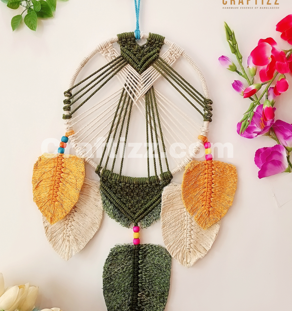 Macrame Feather Olive Dreamcatcher: Woven Wall Art Tapestry